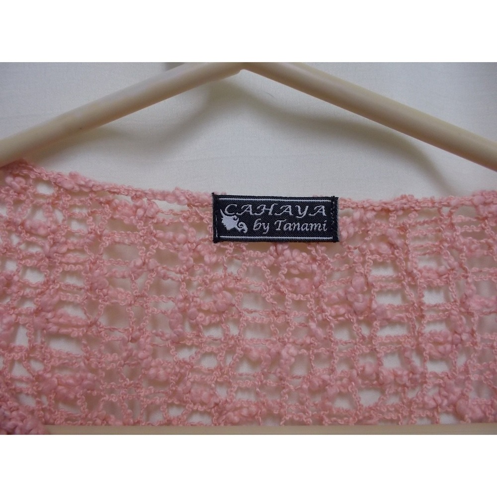 Cahaya by Tanami Pink Open Knit Strappy V-Neck Sweater Ruffle Cuff 3/4 Sleeve - Picture 6 of 6